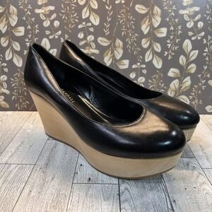 Loeffler Randall Wood‎ Platform Wedge Black Leather Shoes size 9.5 B